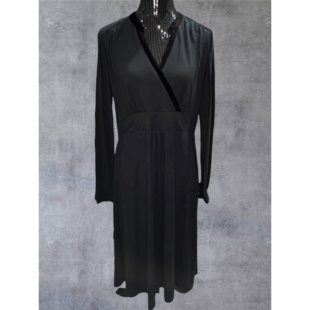 Eddie Bauer Faux Wrap Dress Womens Large Black Velvet Trim V-Neck EUC